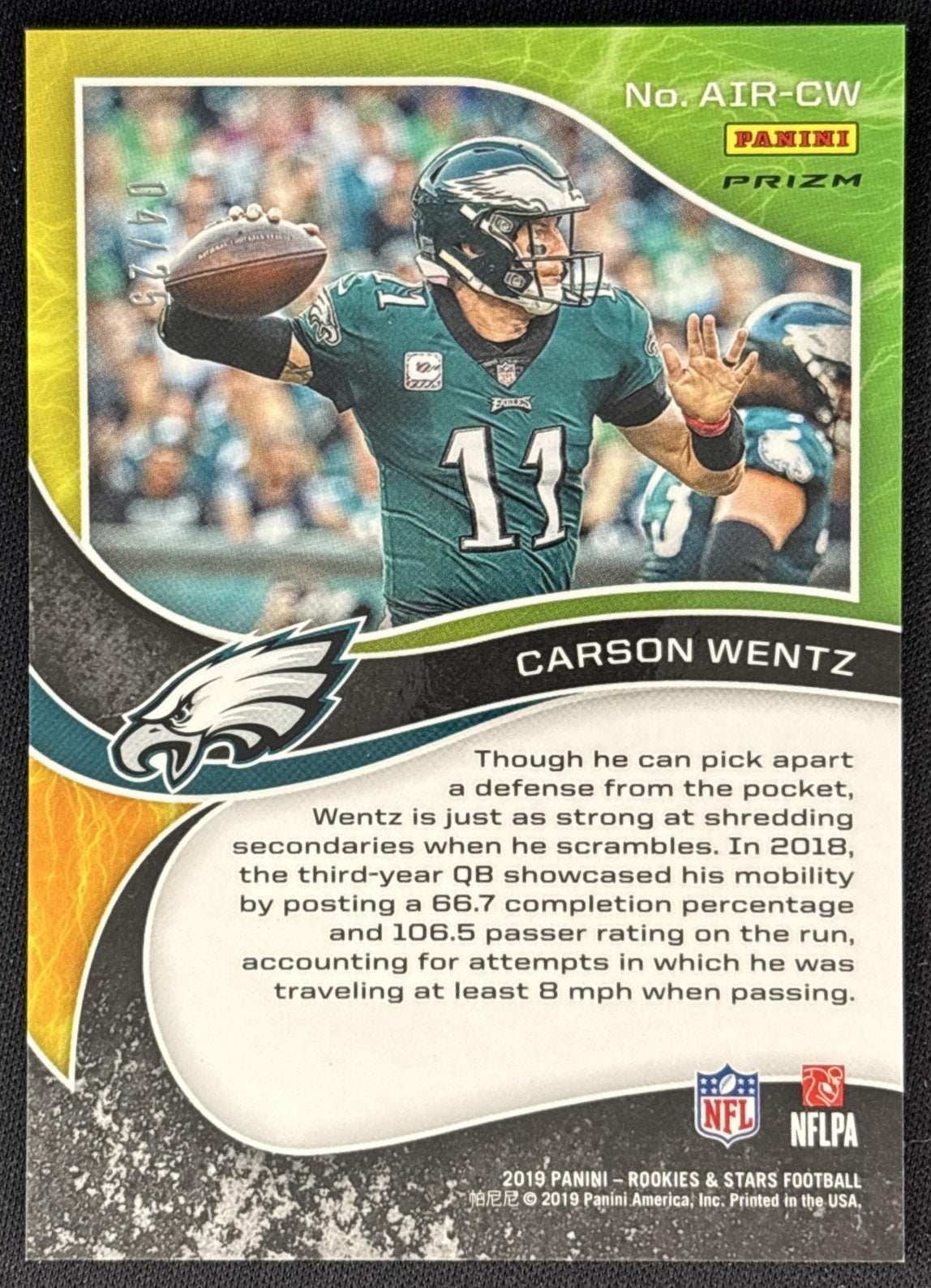 Carson Wentz 2019 Panini Rookies & Stars Airborne Orange /25 Eagles back