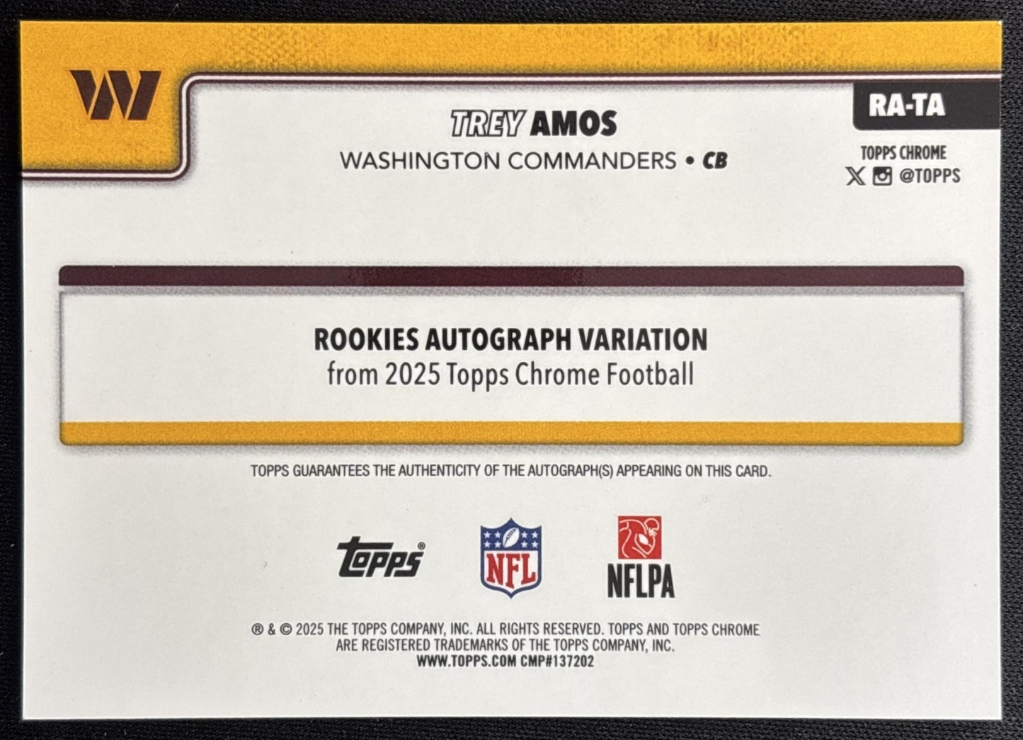 Trey Amos 2025 Topps Chrome Rookie Auto Purple Refractor /75 Commanders Sports Trading Cards