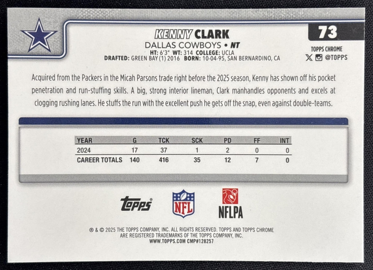 Kenny Clark 2025 Topps Chrome Football Leather Refractor Cowboys - Back