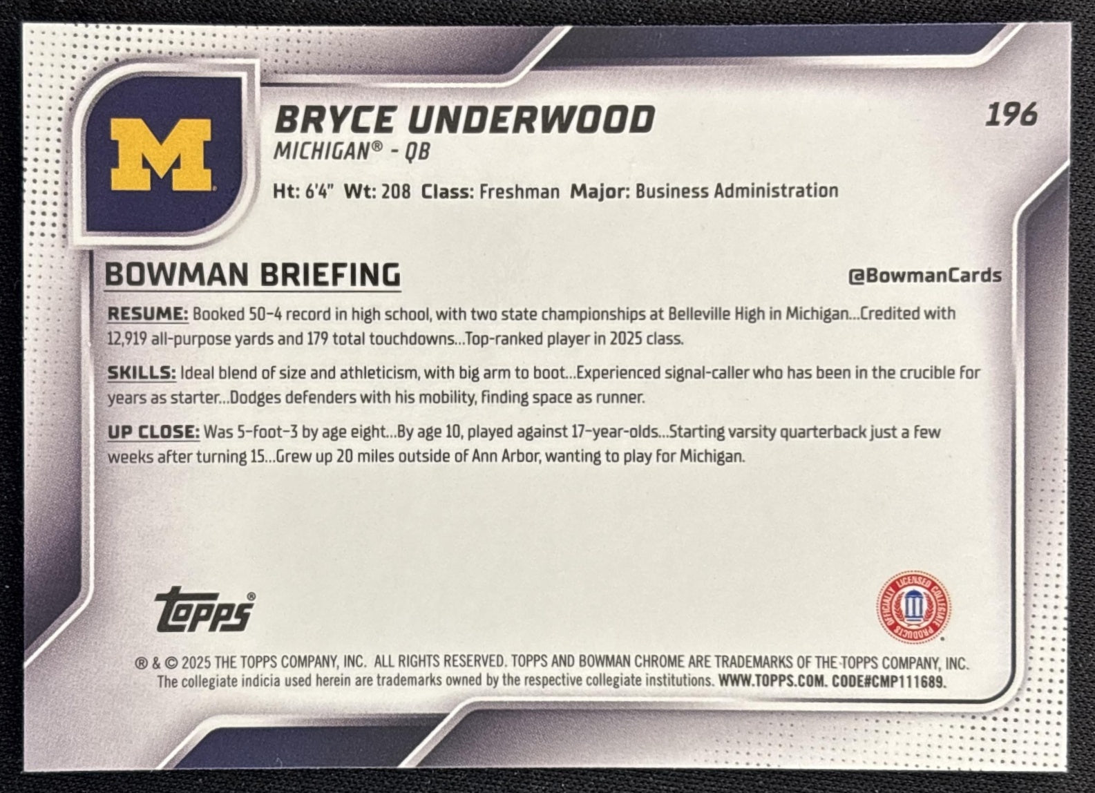 Bryce Underwood 2025 Chrome University Prospects Yellow Refractor /350 Wolverines back