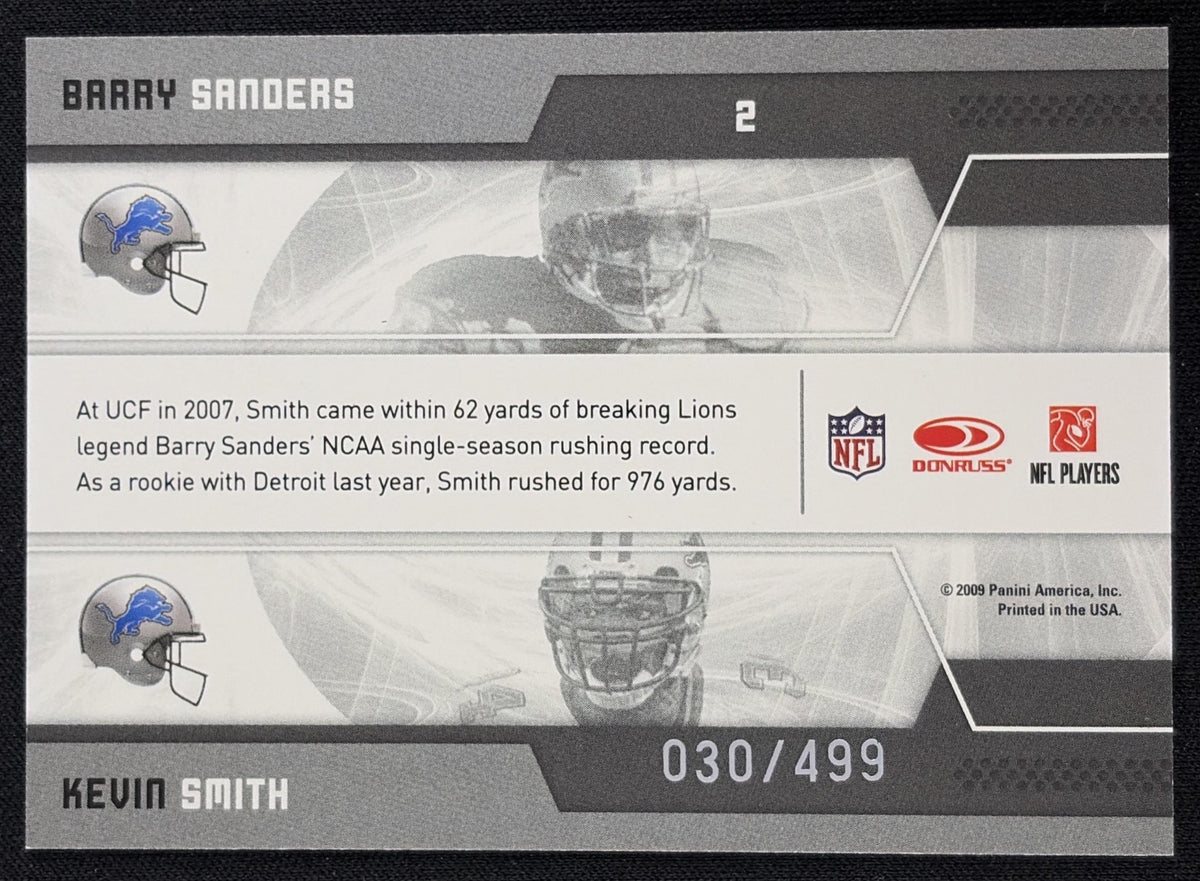 Barry Sanders Kevin Smith 2009 Panini Donruss Elite Passing the Torch Green /499 Lions Sports Trading Card