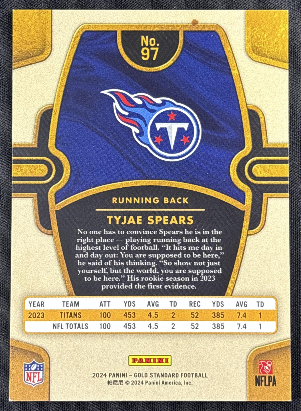 Tyjae Spears 2024 Panini Gold Standard White /65 Titans