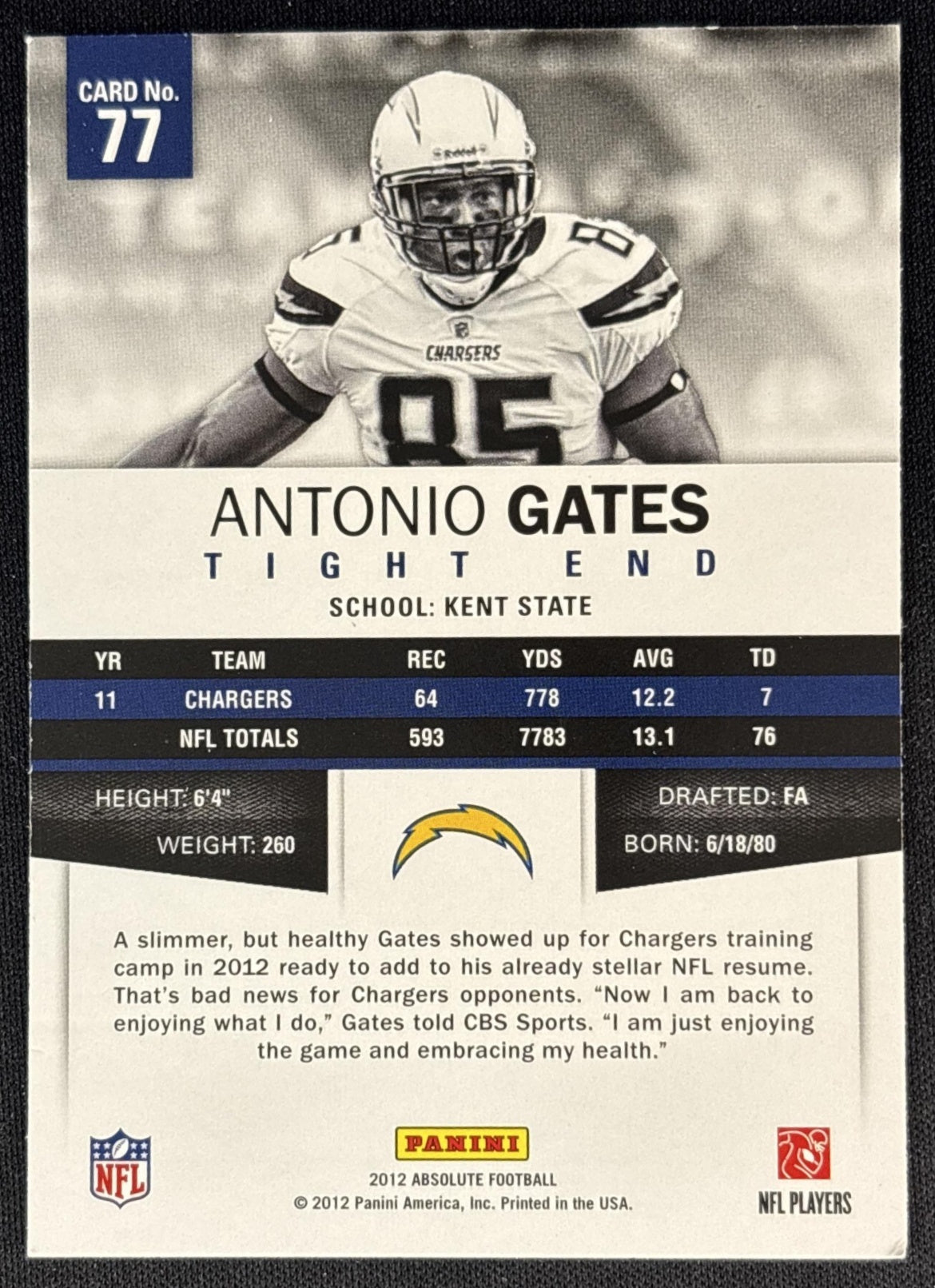 Antonio Gates 2012 Panini Absolute Chargers Sports Trading Cards