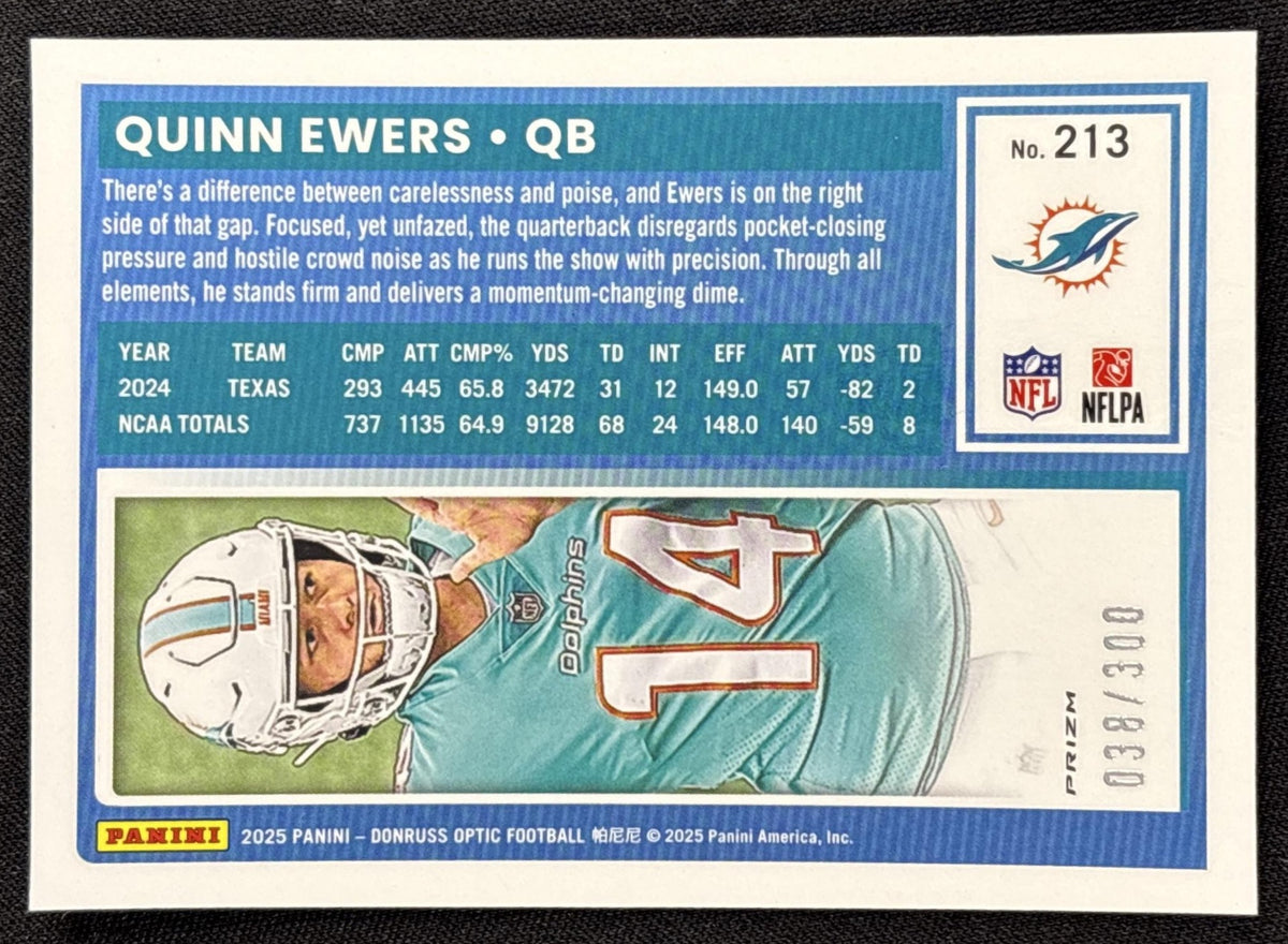 Quinn Ewers 2025 Panini Donruss Optic Rated Rookie Wave Prizm /300 Dolphins - back