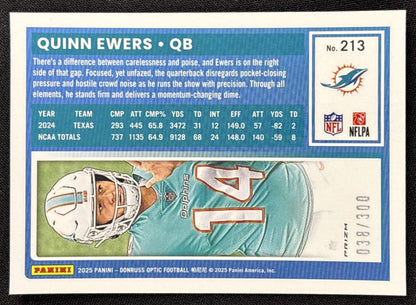 Quinn Ewers 2025 Panini Donruss Optic Rated Rookie Wave Prizm /300 Dolphins - back