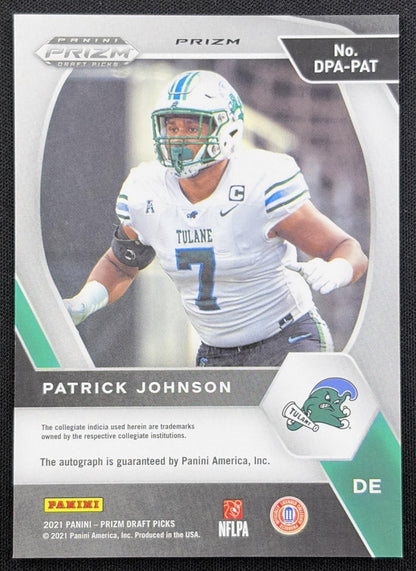 Patrick Johnson 2021 Panini Prizm Draft Picks Collegiate Silver Auto Tulane Green Wave