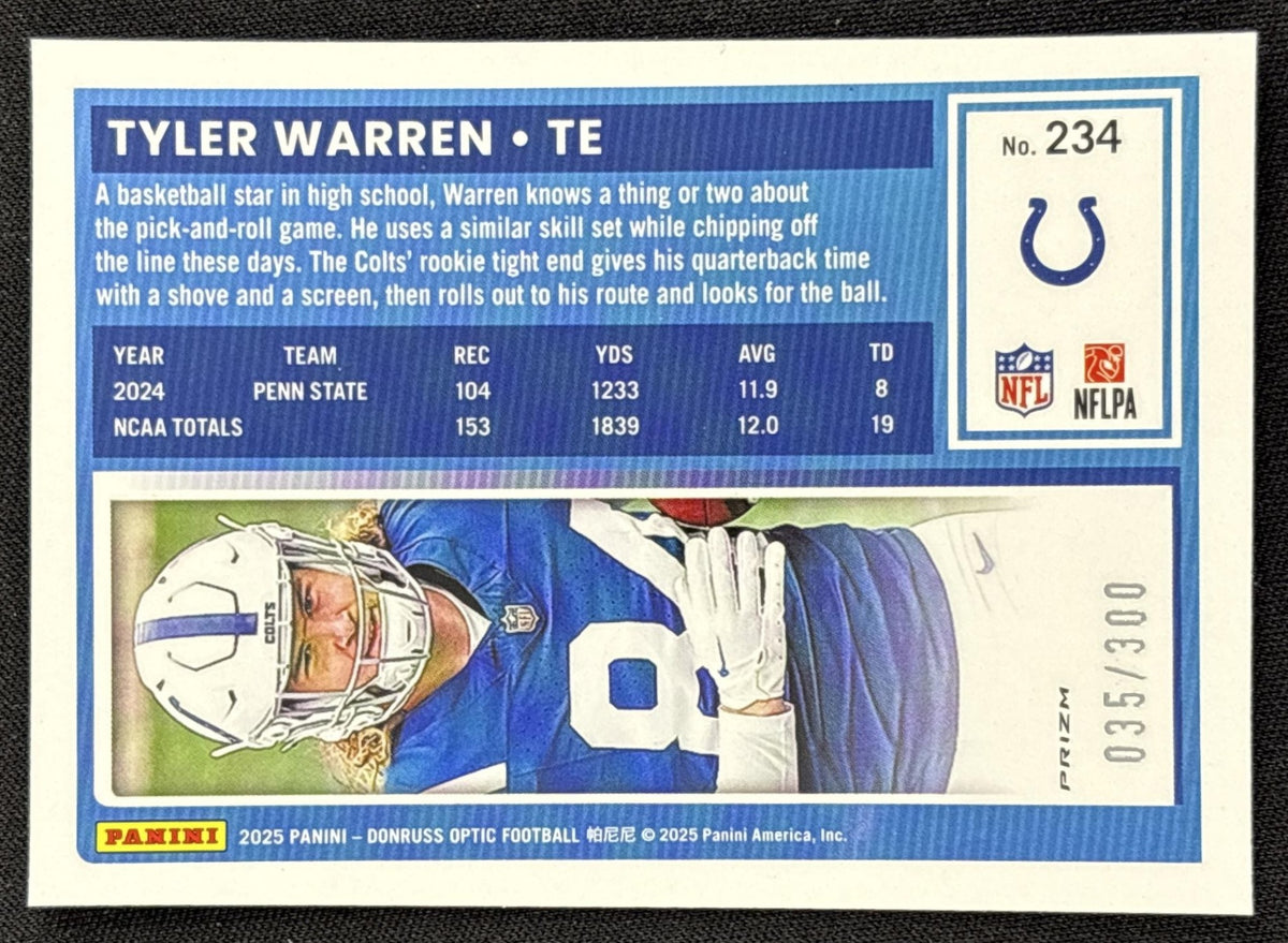 Tyler Warren 2025 Panini Donruss Optic Rated Rookie Wave Prizm /300 Colts - back