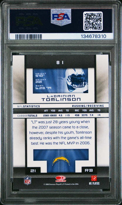LaDainian Tomlinson 2008 Donruss Elite PSA 10 Chargers back
