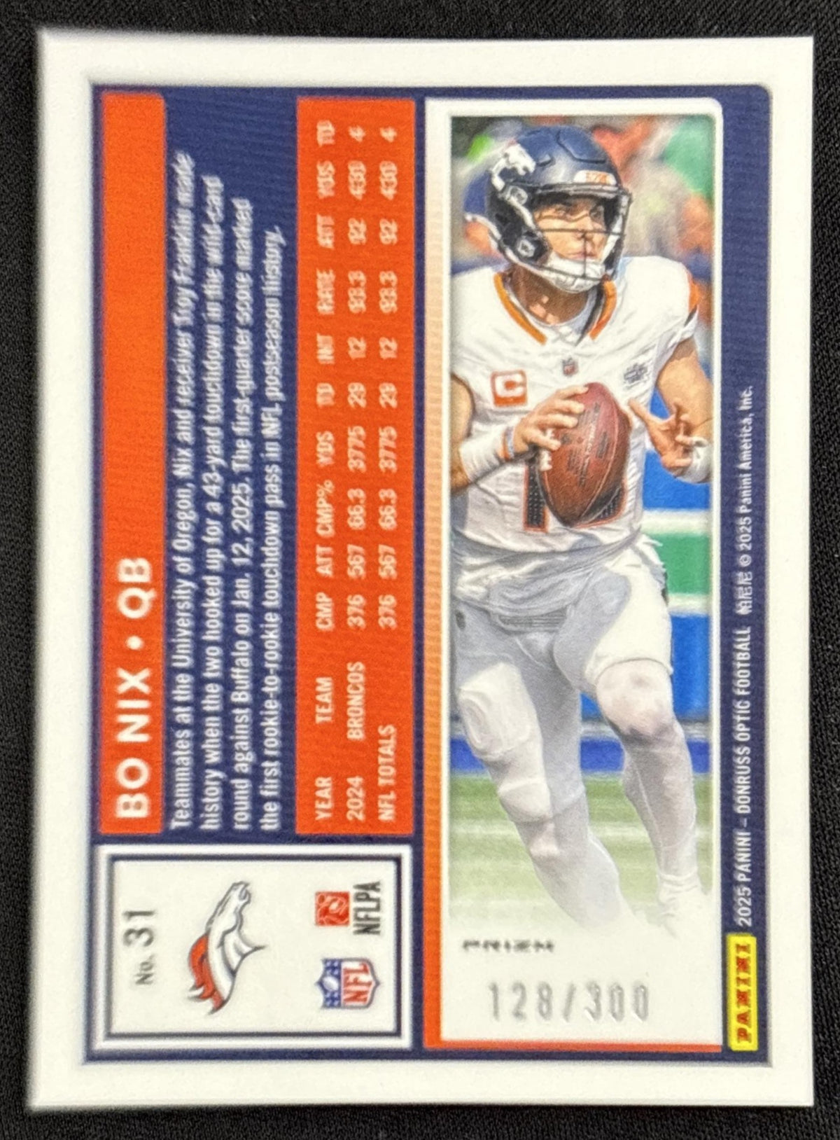 Bo Nix 2025 Panini Donruss Optic Wave Prizm /300 Broncos - back