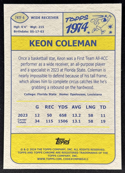 Keon Coleman 2024 Topps Chrome 1974 Football X-Fractor Bills back