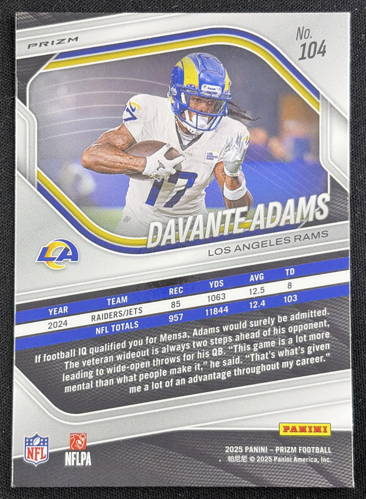 Davante Adams 2025 Panini Prizm Silver Rams Sports Trading Card