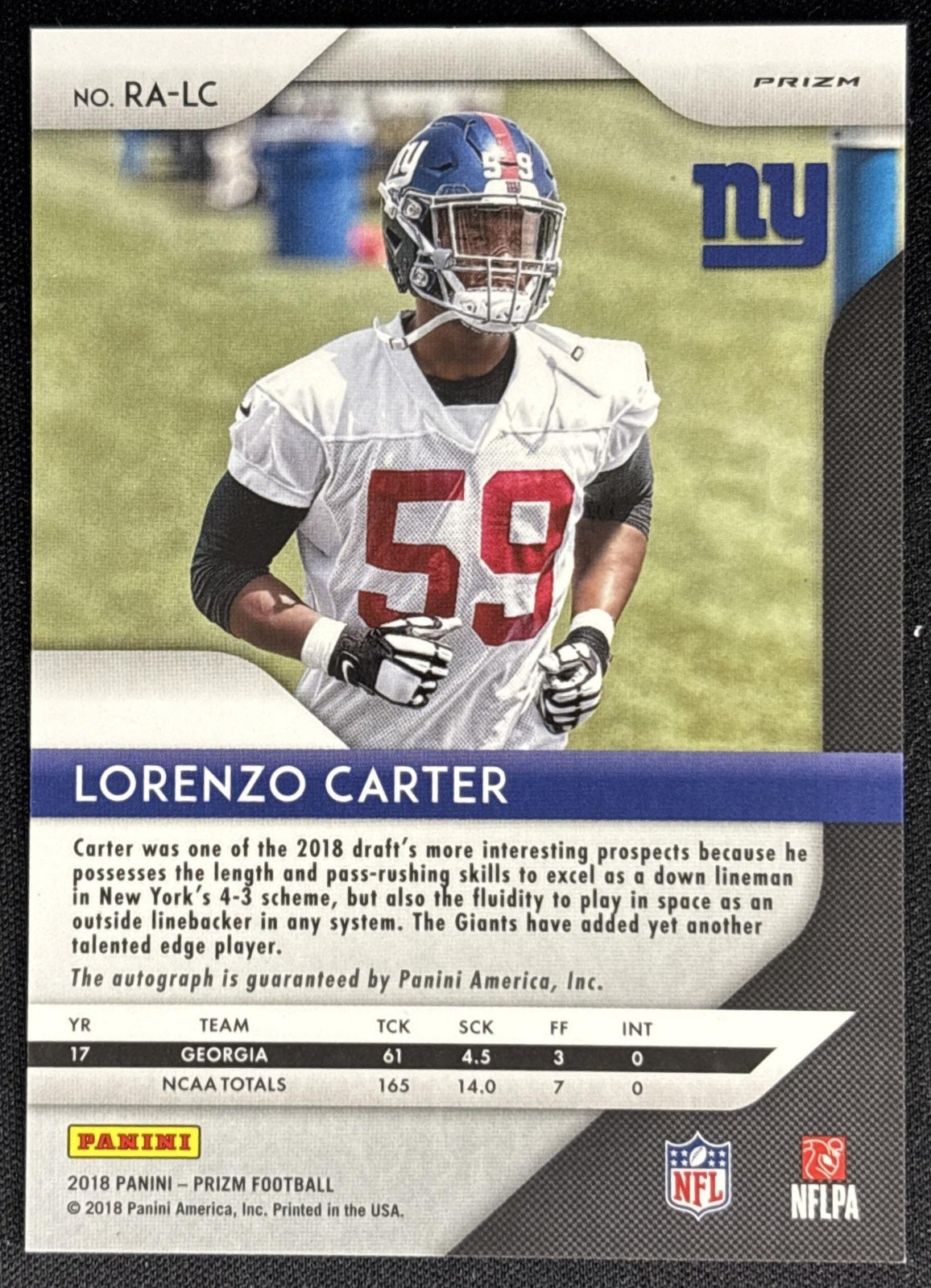Lorenzo Carter 2018 Panini Prizm Rookie Auto Neon Green Pulsar Giants