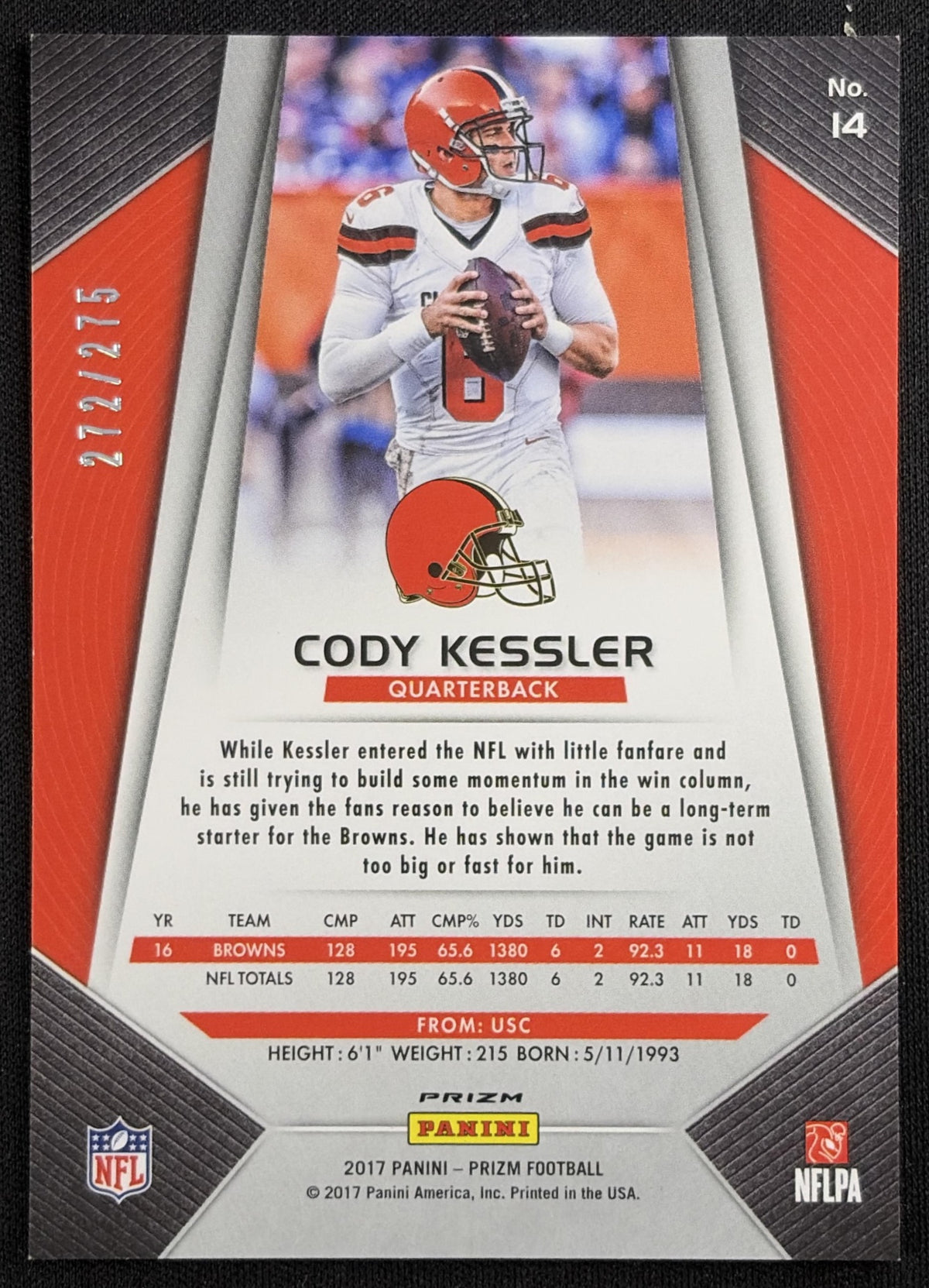 Cody Kessler 2017 Panini Prizm Orange /275 Browns Cleveland Browns Sports Trading Card