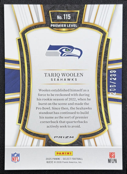 Tariq Woolen 2025 Panini Select Premier Level Tri-Color Prizm /299 Seahawks back