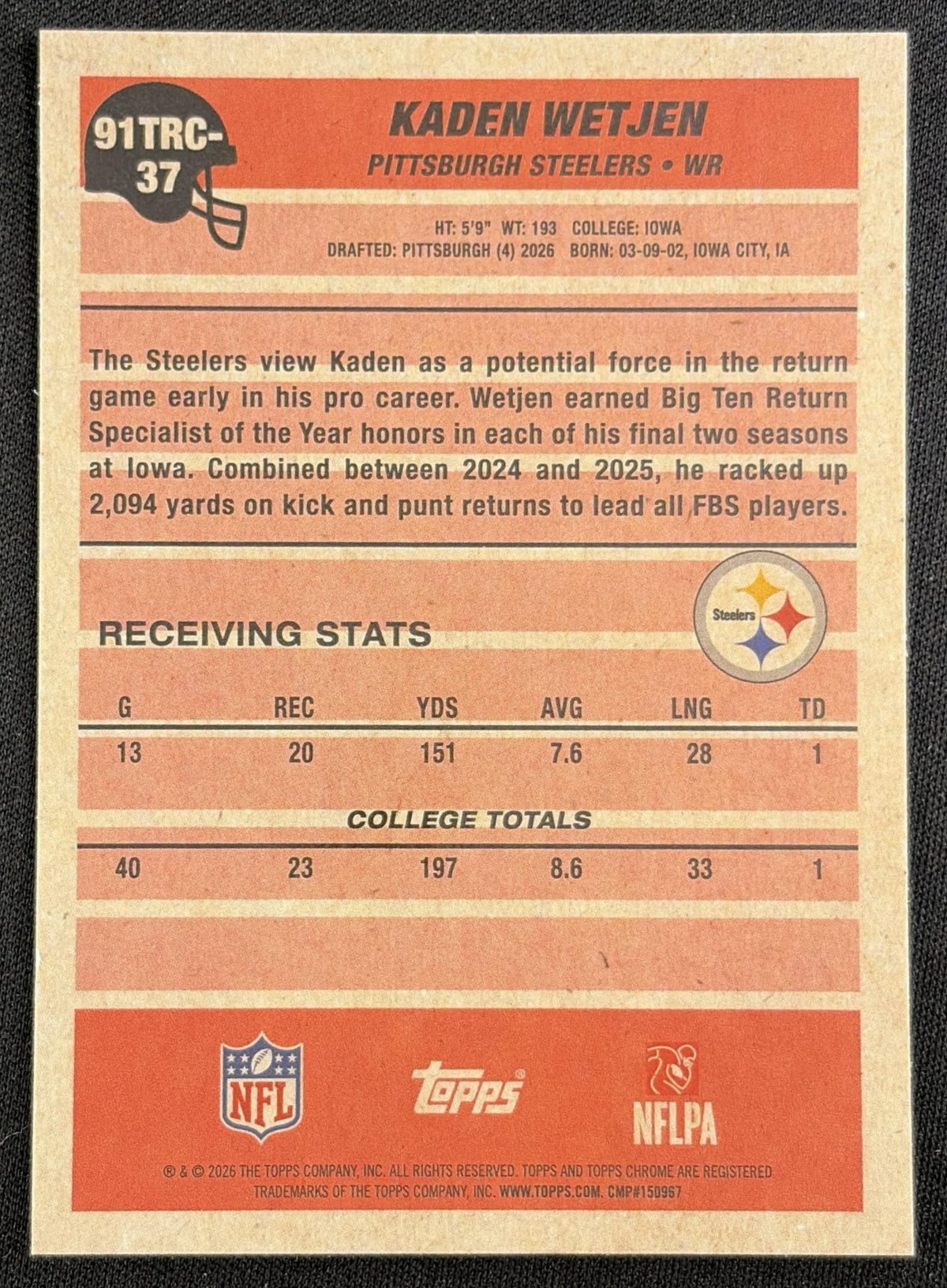 Kaden Wetjen 2026 Topps 1991 Chrome Rookie Mojo Refractor Steelers back
