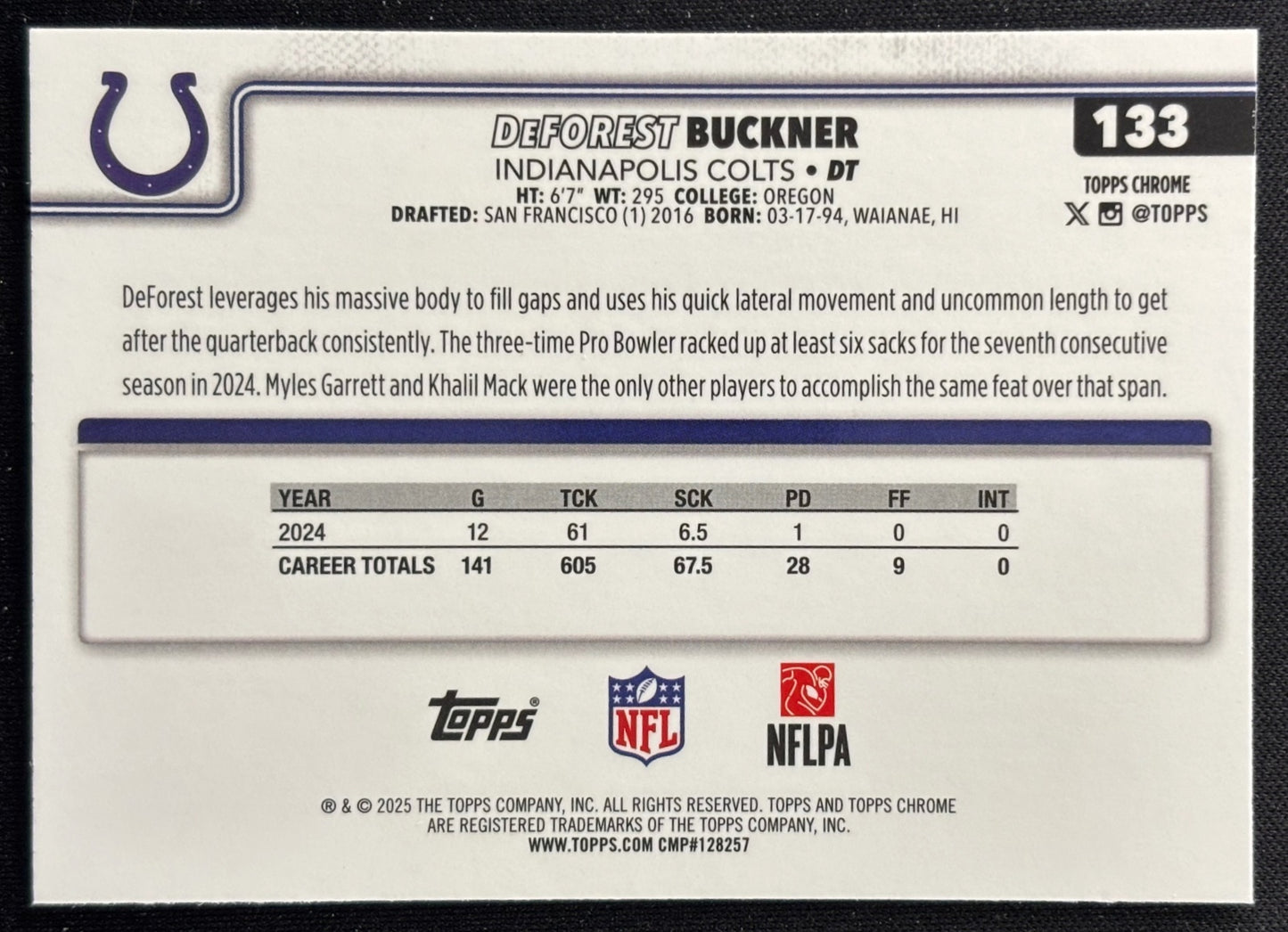 DeForest Buckner 2025 Topps Chrome Colts Sports Trading Cards