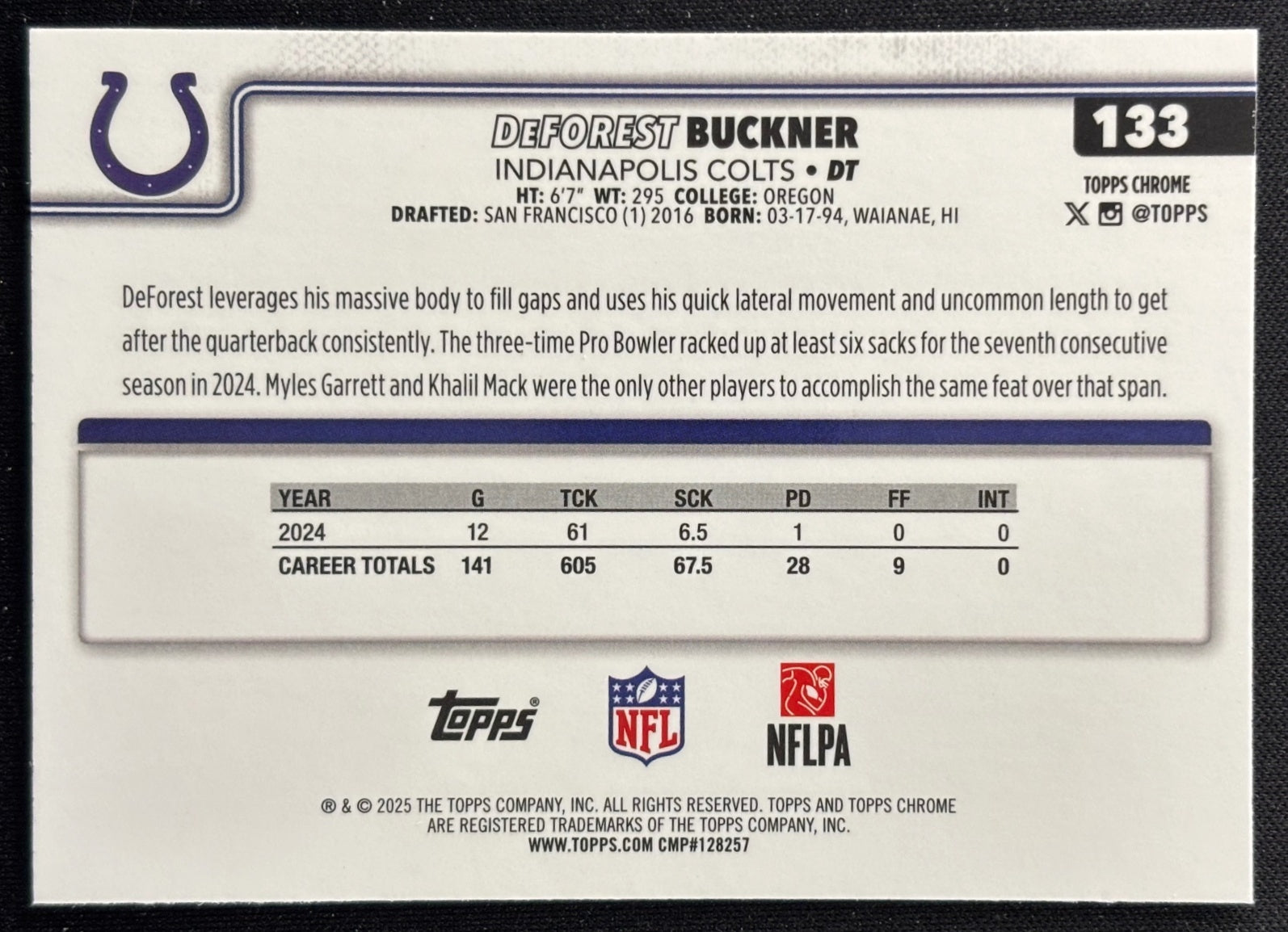 DeForest Buckner 2025 Topps Chrome Colts Sports Trading Cards