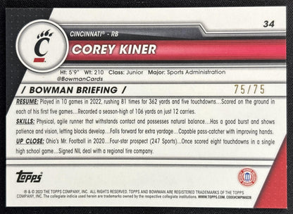 Corey Kiner 2023 Bowman University Chrome Sapphire Yellow /75 back