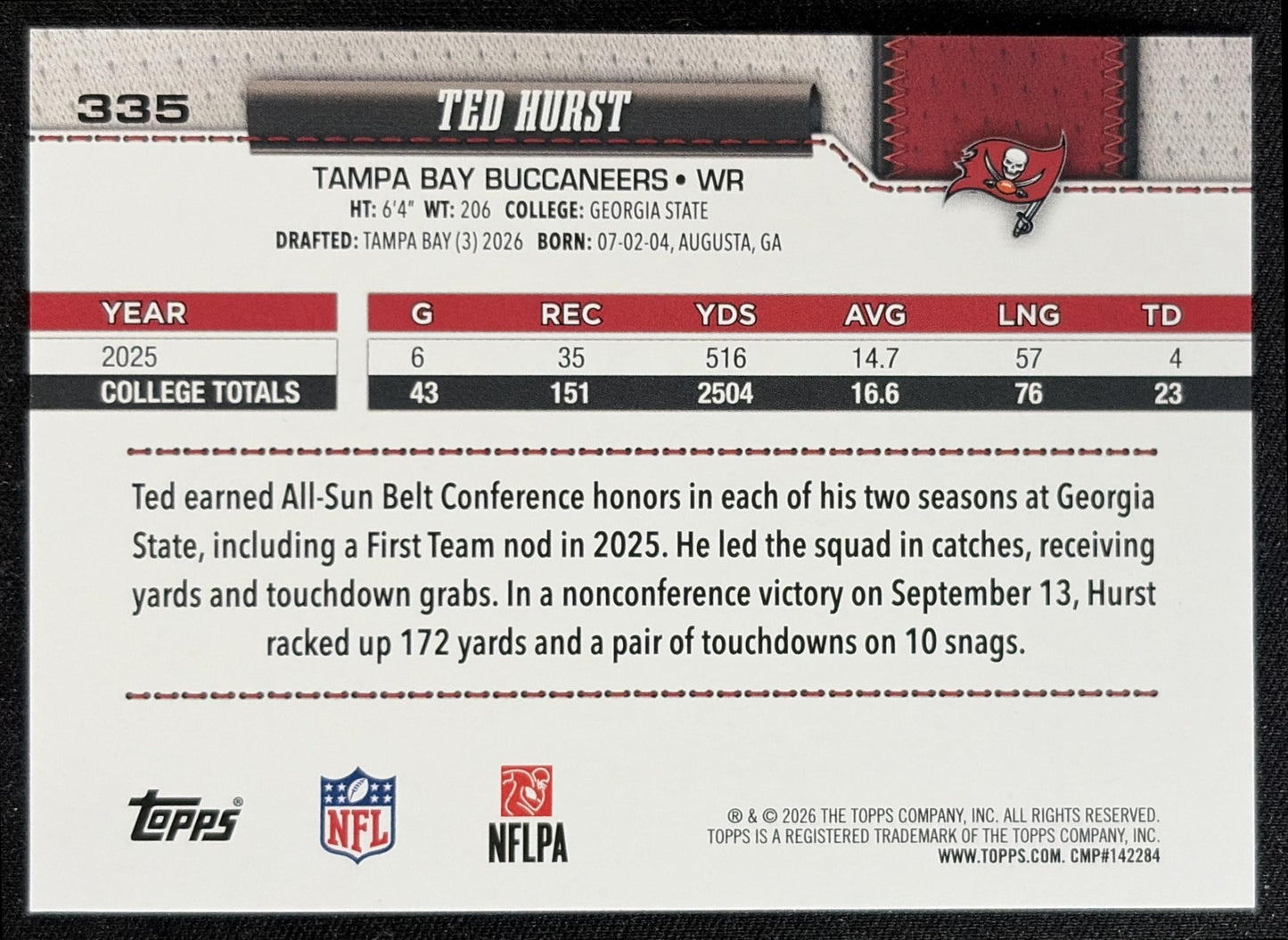 Ted Hurst 2026 Topps Sandglitter Buccaneers back