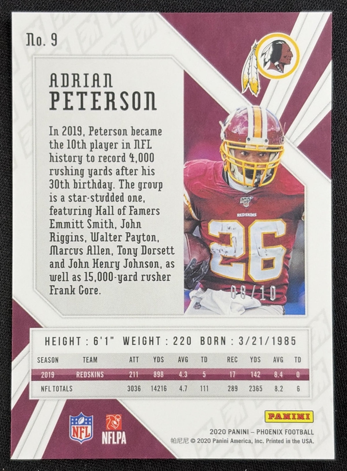 Adrian Peterson 2020 Panini Phoenix Black /10 Redskins Sports Trading Card