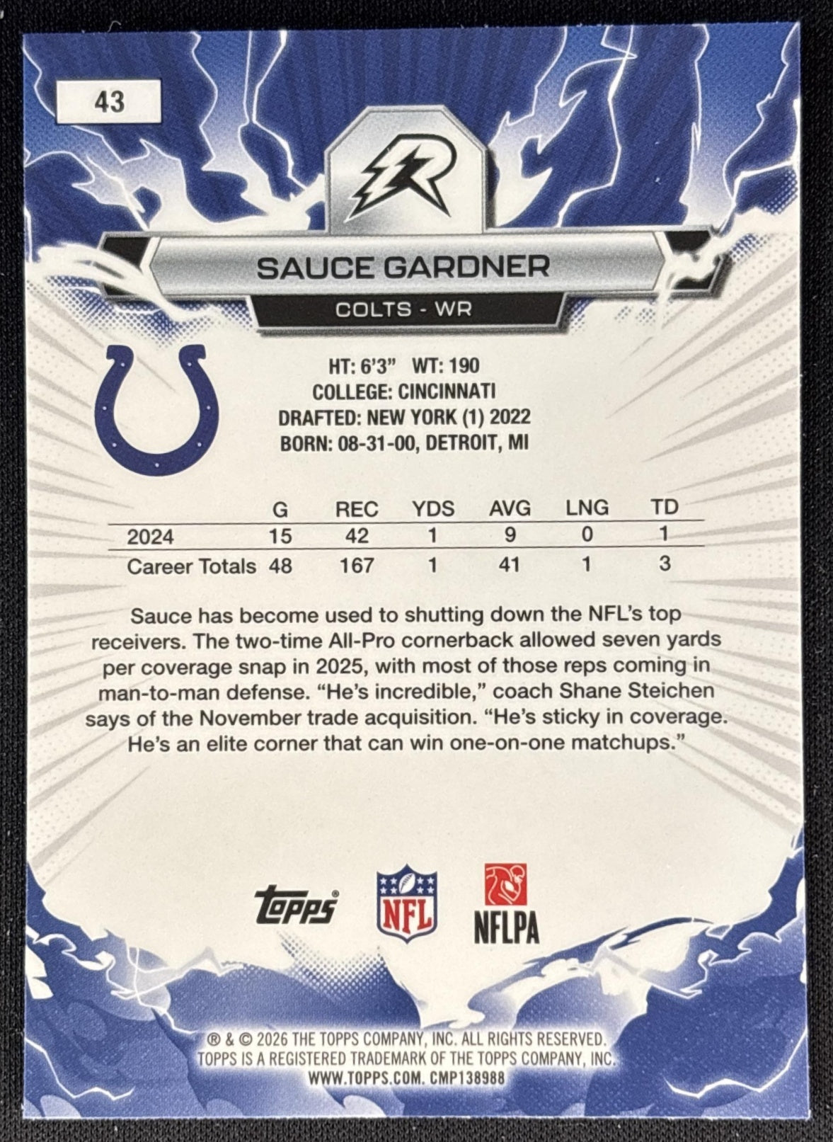Sauce Gardner 2025 Topps Resurgence Colts Indianapolis Colts back