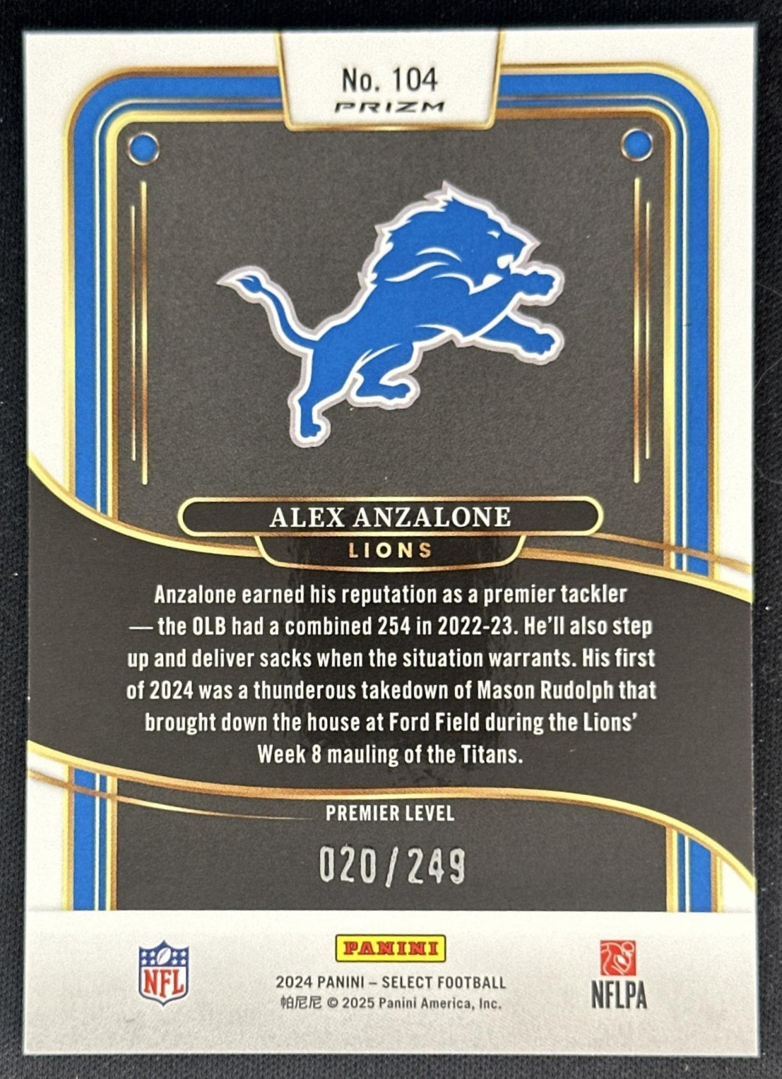 Alex Anzalone 2024 Panini Select Premier Tri-Color Prizm /249