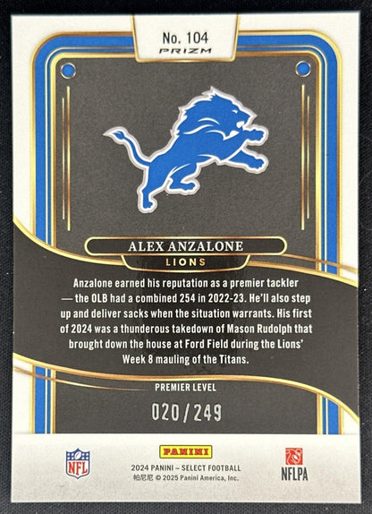 Alex Anzalone 2024 Panini Select Premier Tri-Color Prizm /249 Lions Sports Trading Cards