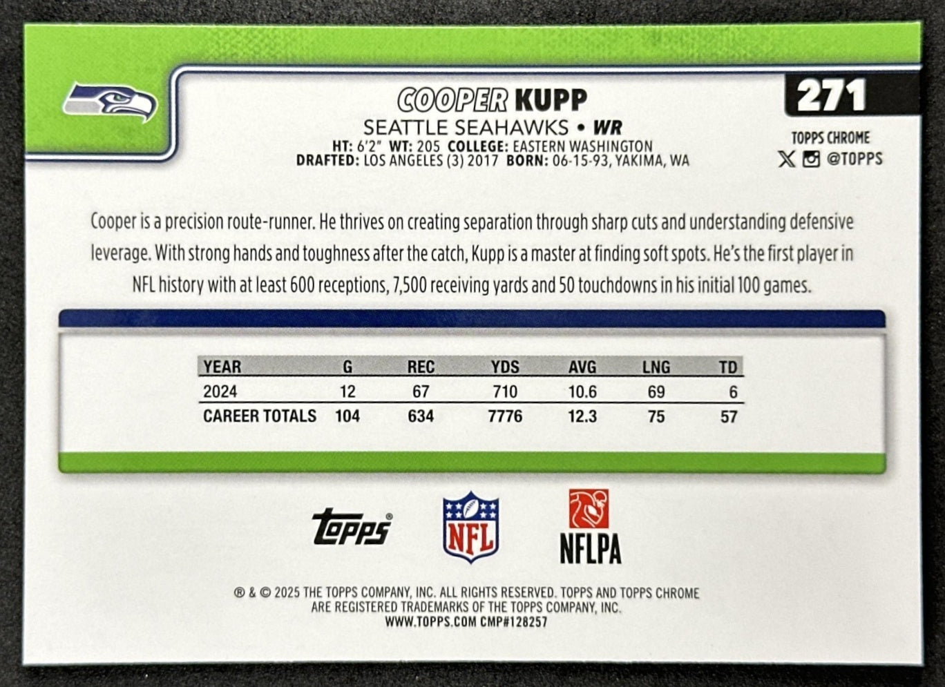 Cooper Kupp 2025 Topps Chrome Sapphire Seahawks Sports Trading Card