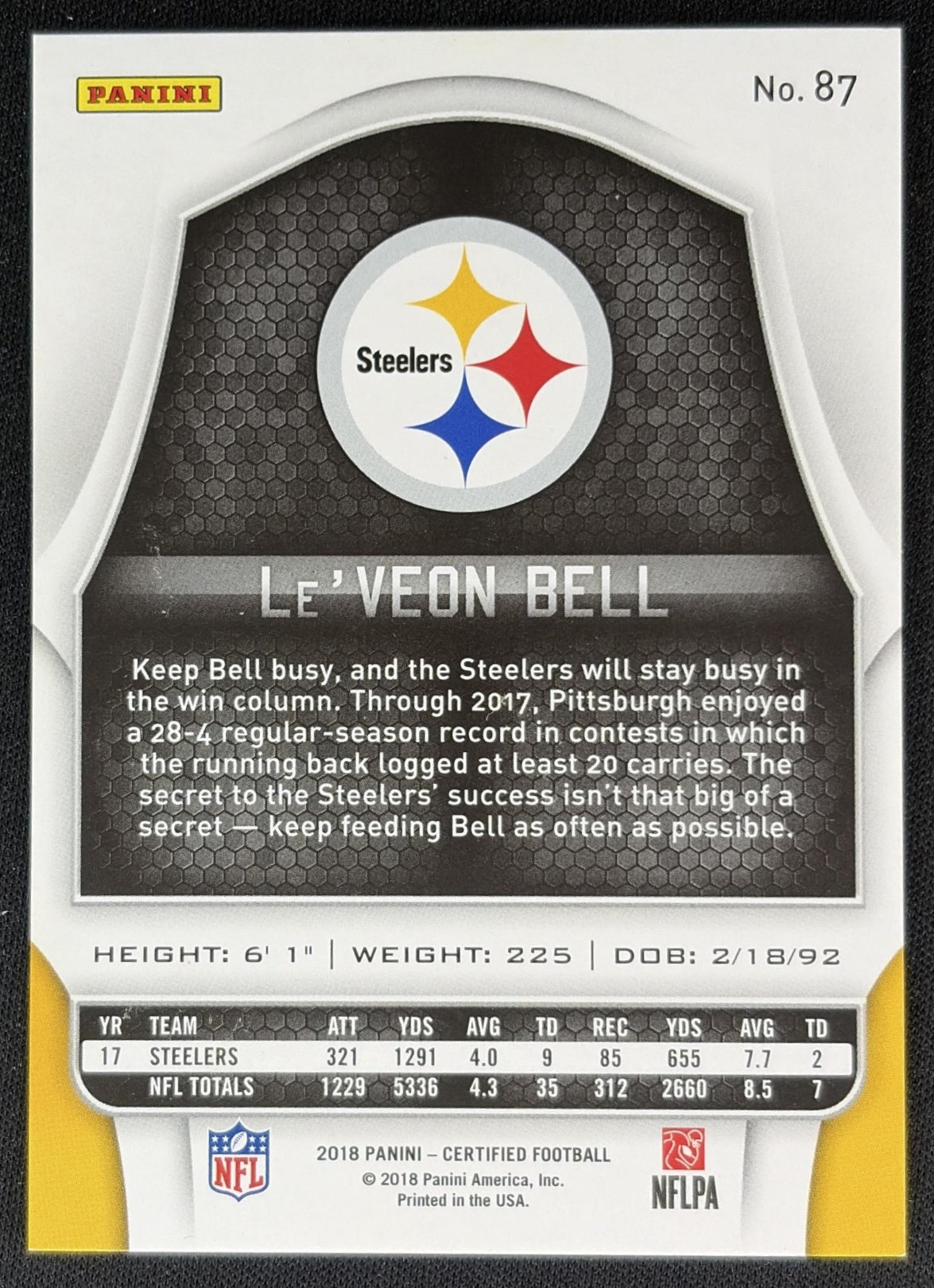 Le Veon Bell 2018 Panini Certified Mirror Silver /499 Steelers back