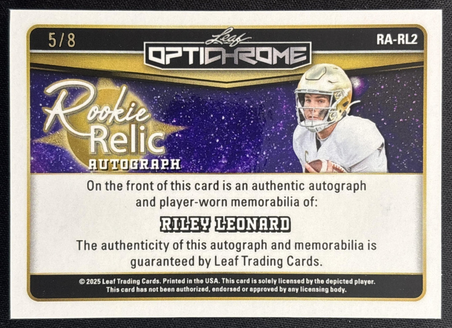Riley Leonard 2025 Leaf Optichrome Rookie Relic Auto Shimmer Pink /8 back
