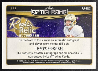 Riley Leonard 2025 Leaf Optichrome Rookie Relic Auto Shimmer Pink /8 back