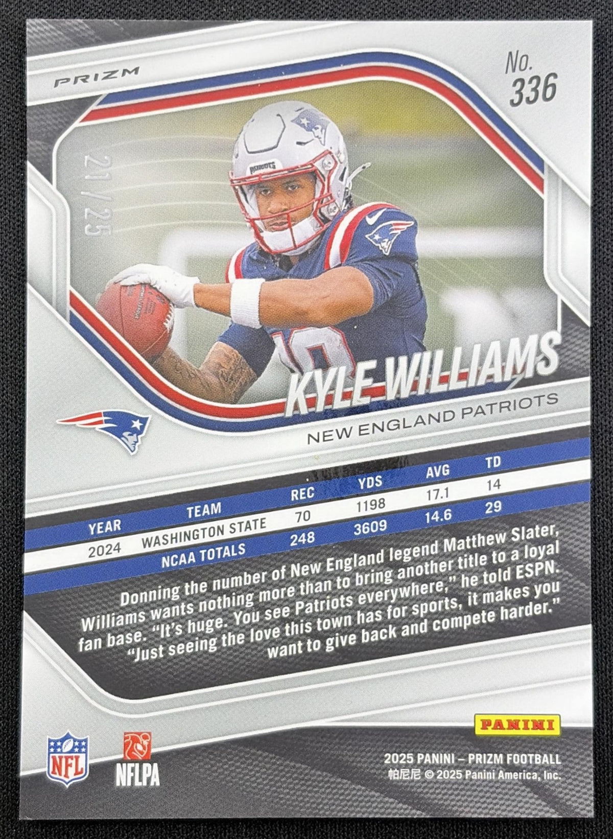 Kyle Williams 2025 Panini Prizm No Huddle Pink /25 Patriots