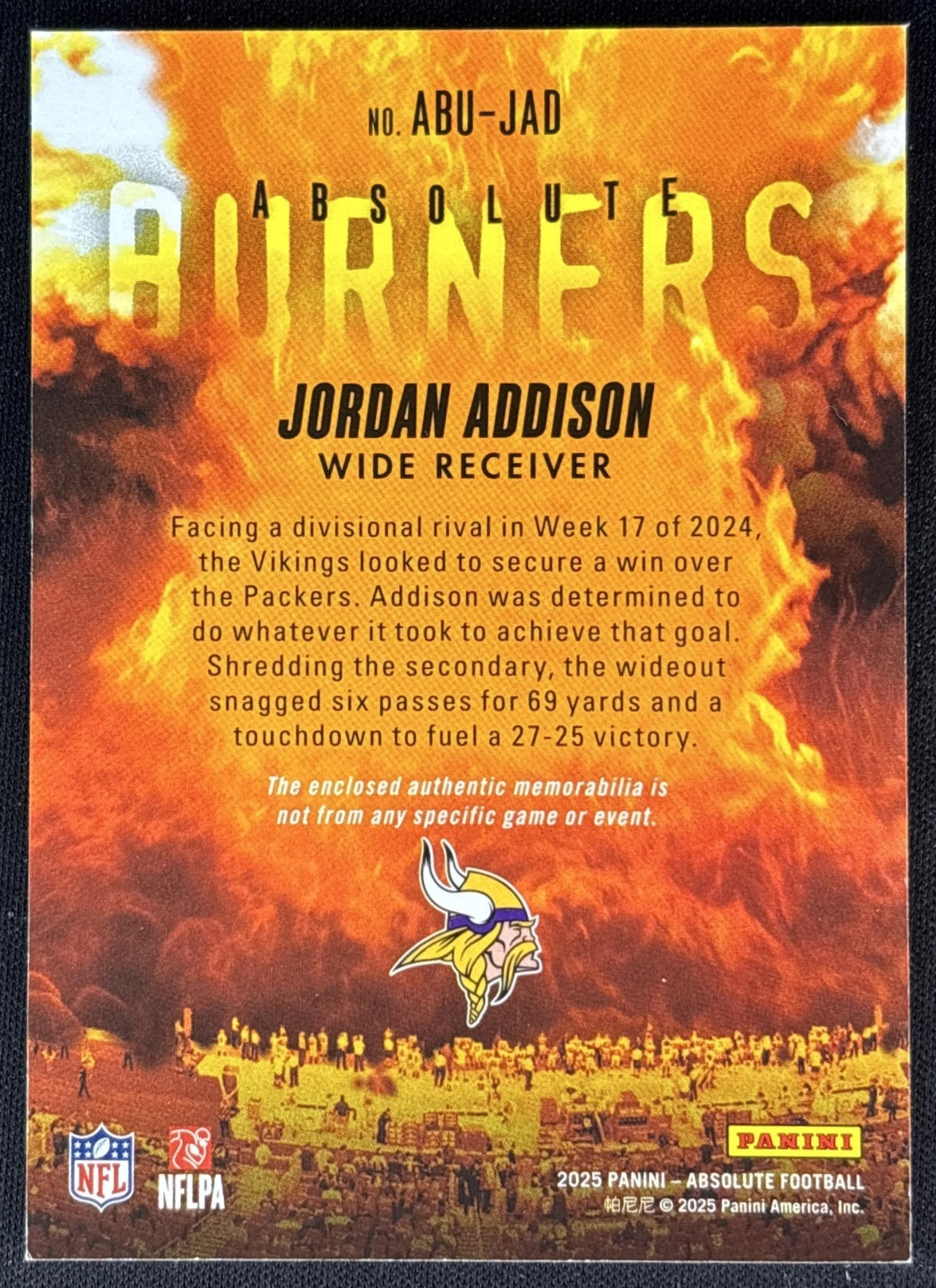 Jordan Addison 2025 Panini Absolute Burners Vikings