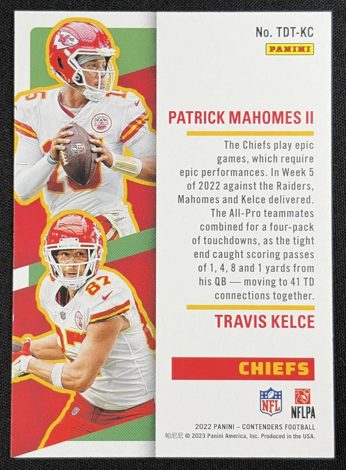 Patrick Mahomes II Travis Kelce 2022 Panini Contenders Touchdown Tandems Silver /99 Chiefs Kansas City Chiefs