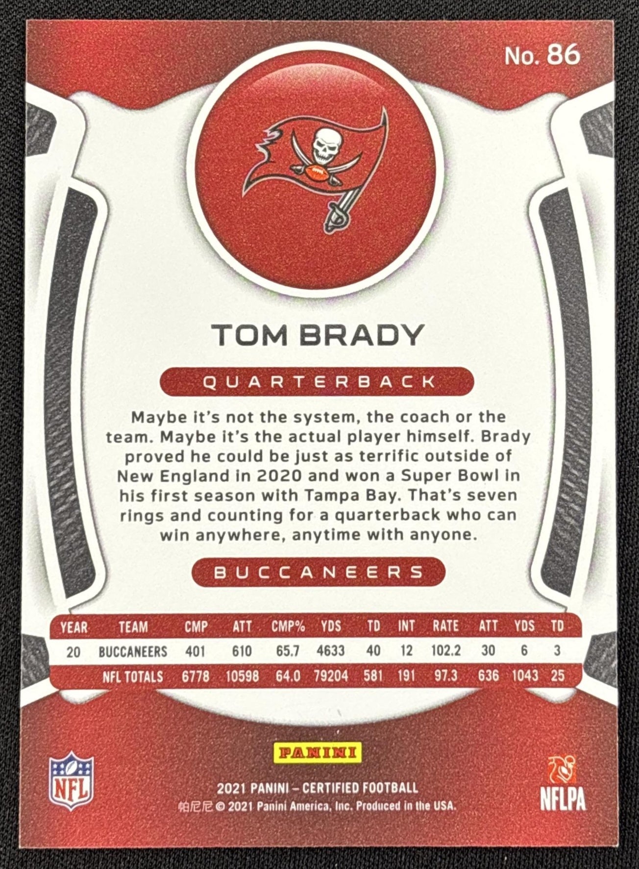 Tom Brady 2021 Panini Certified Mirror Blue /75 Buccaneers - back