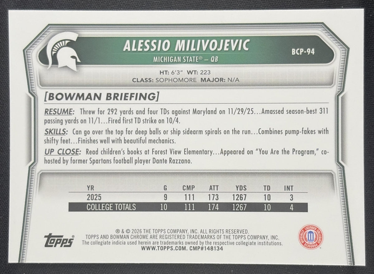 Alessio Milivojevic 2026 Bowman Chrome Prospects Mojo Refractor Spartans