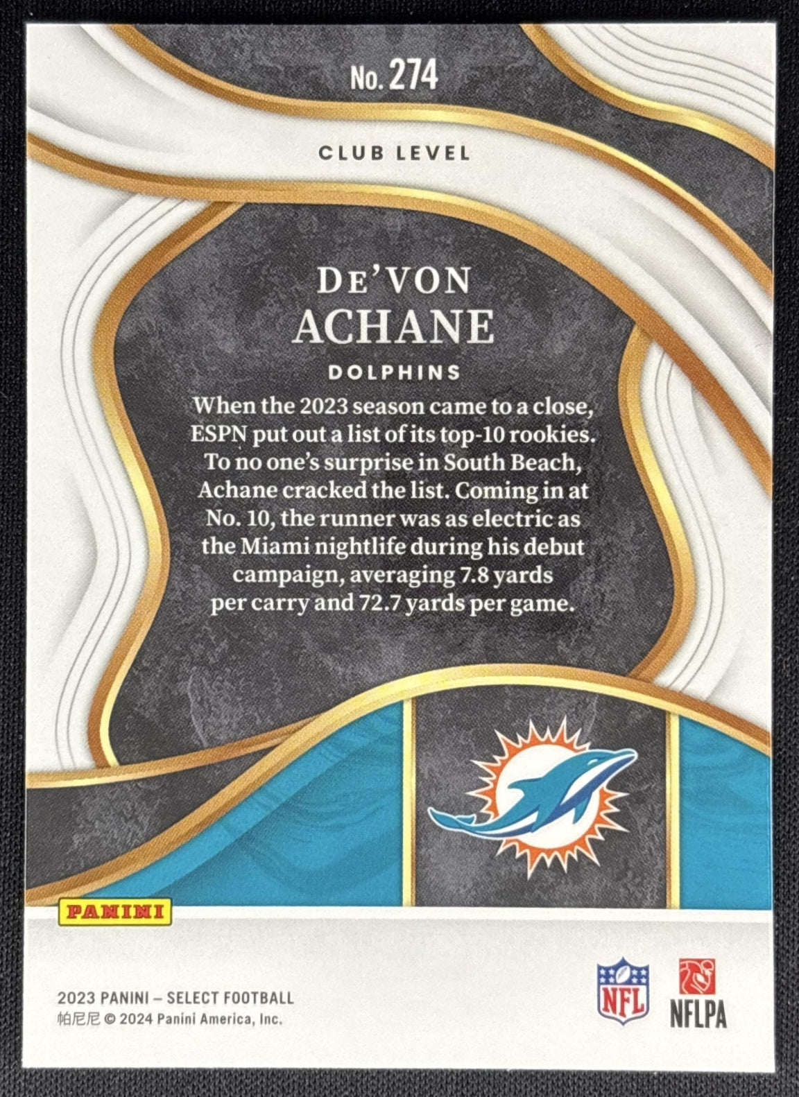De'Von Achane 2023 Panini Select Dolphins Sports Trading Cards