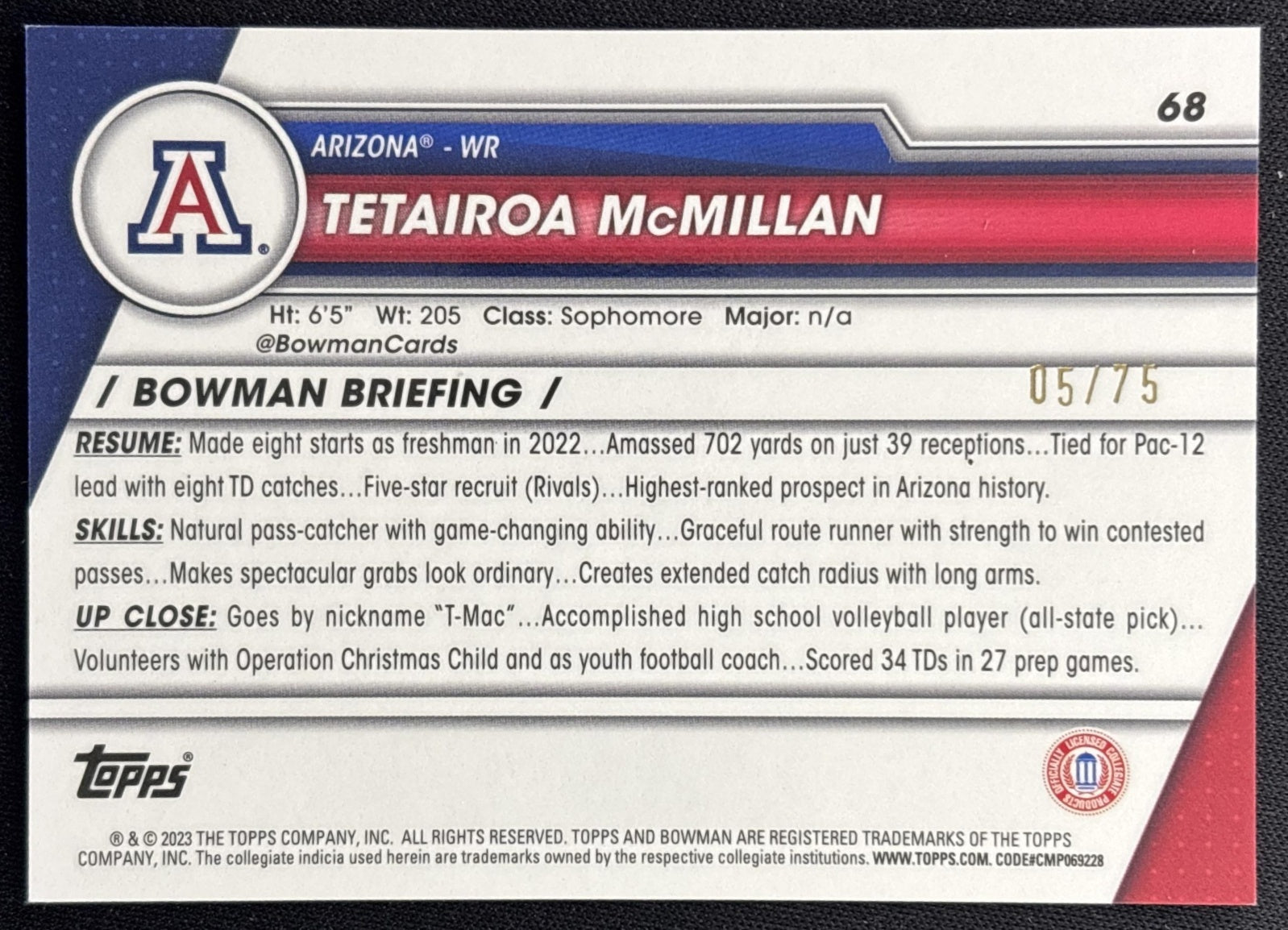 Tetairoa McMillan 2023 Bowman University Chrome Sapphire Yellow /75 Wildcats back