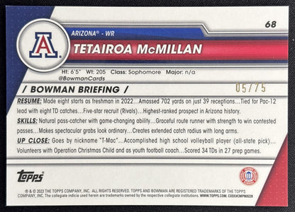 Tetairoa McMillan 2023 Bowman University Chrome Sapphire Yellow /75 Wildcats back