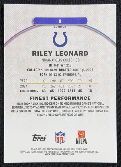 Riley Leonard 2025 Topps Finest Purple Geometric Refractor /150 Colts