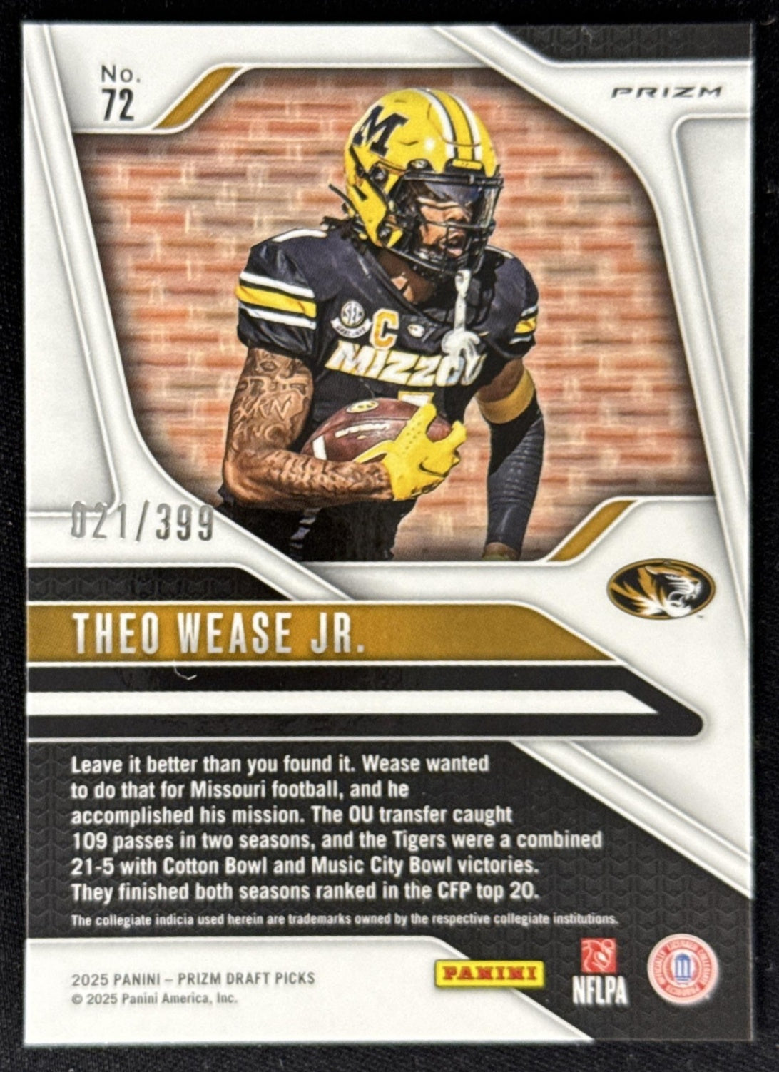 Theo Wease Jr. 2025 Panini Prizm Draft Picks Red /399 Tigers Sports Trading Card