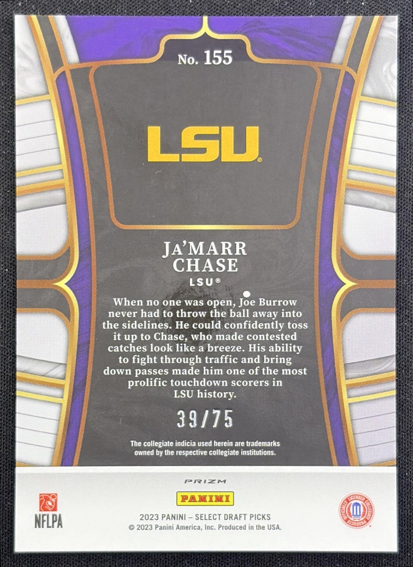 Ja'Marr Chase 2023 Panini Select Draft Picks Purple Prizm /75 Tigers LSU Tigers LSU Tigers back