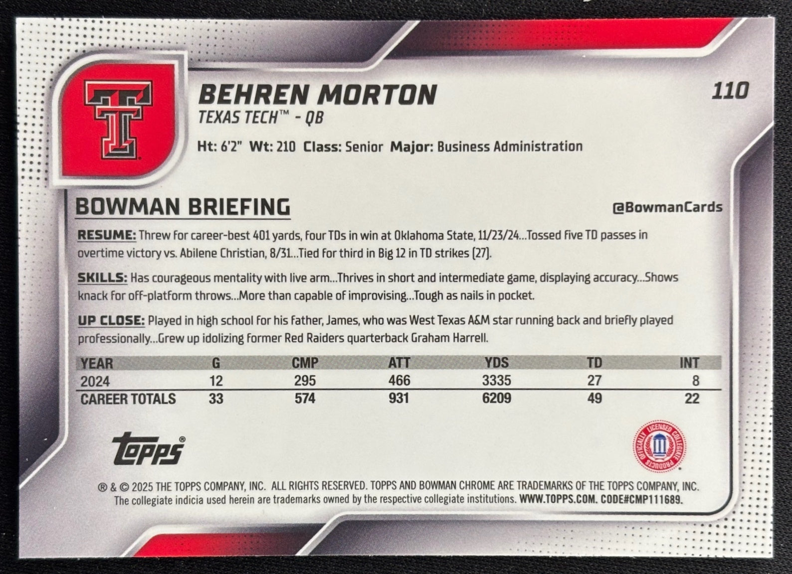 Behren Morton 2025 Chrome University Prospects X-Fractor Red Raiders
