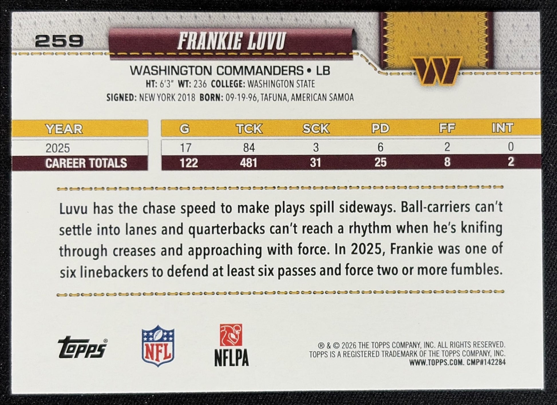 Frankie Luvu 2026 Topps Rainbow Foil Commanders back