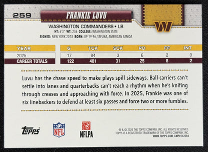 Frankie Luvu 2026 Topps Rainbow Foil Commanders back