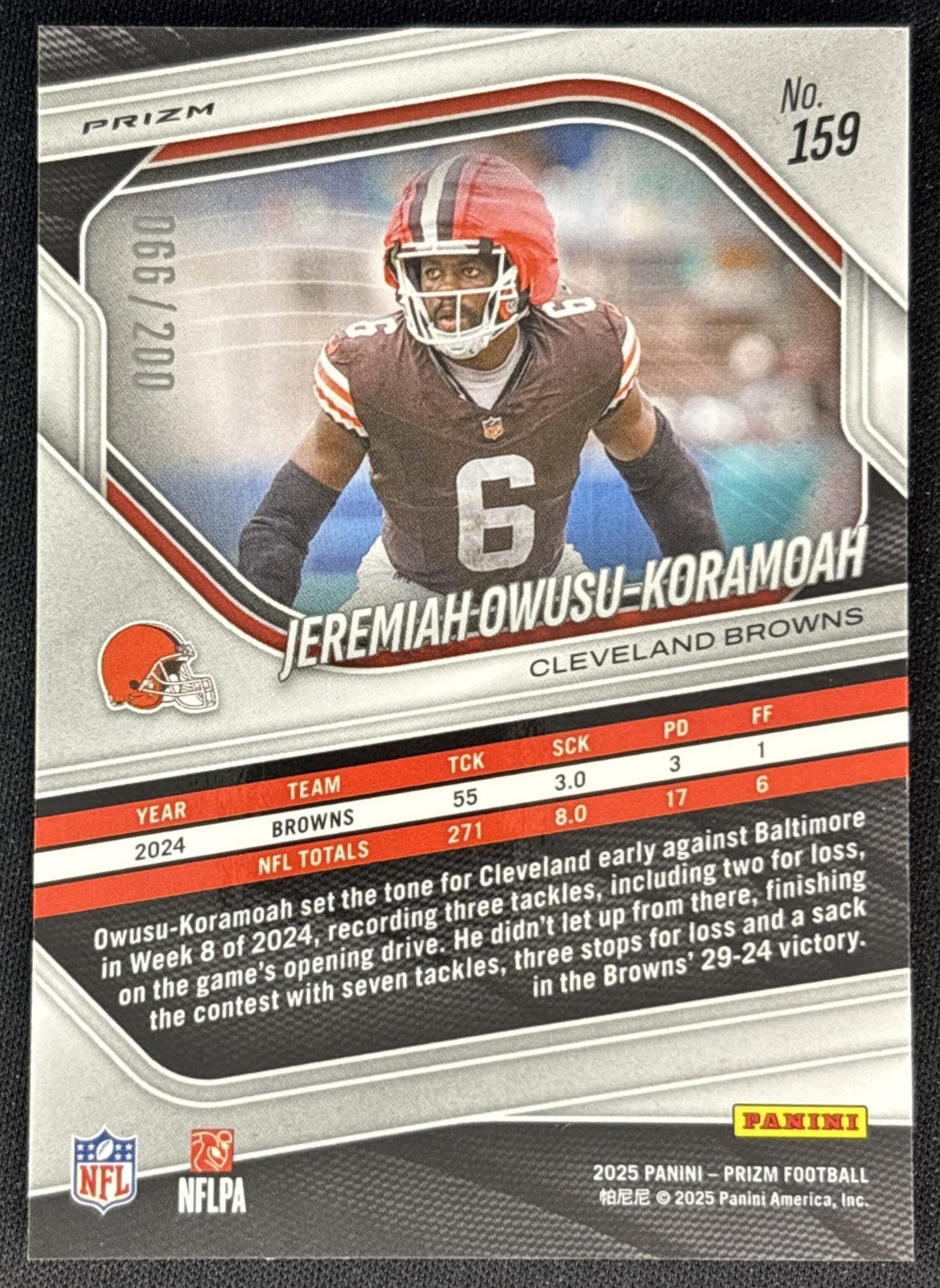 Jeremiah Owusu-Koramoah 2025 Panini Prizm Hyper /200 Browns back