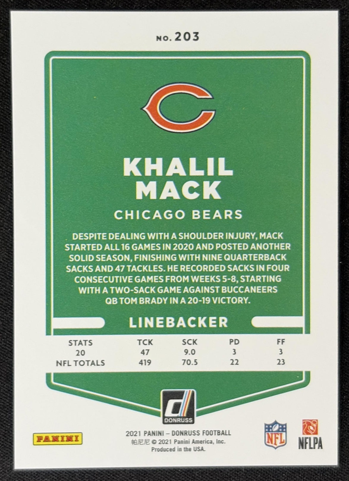 Khalil Mack 2021 Panini Donruss Press Proof Premium Variation Bears - Chicago Bears