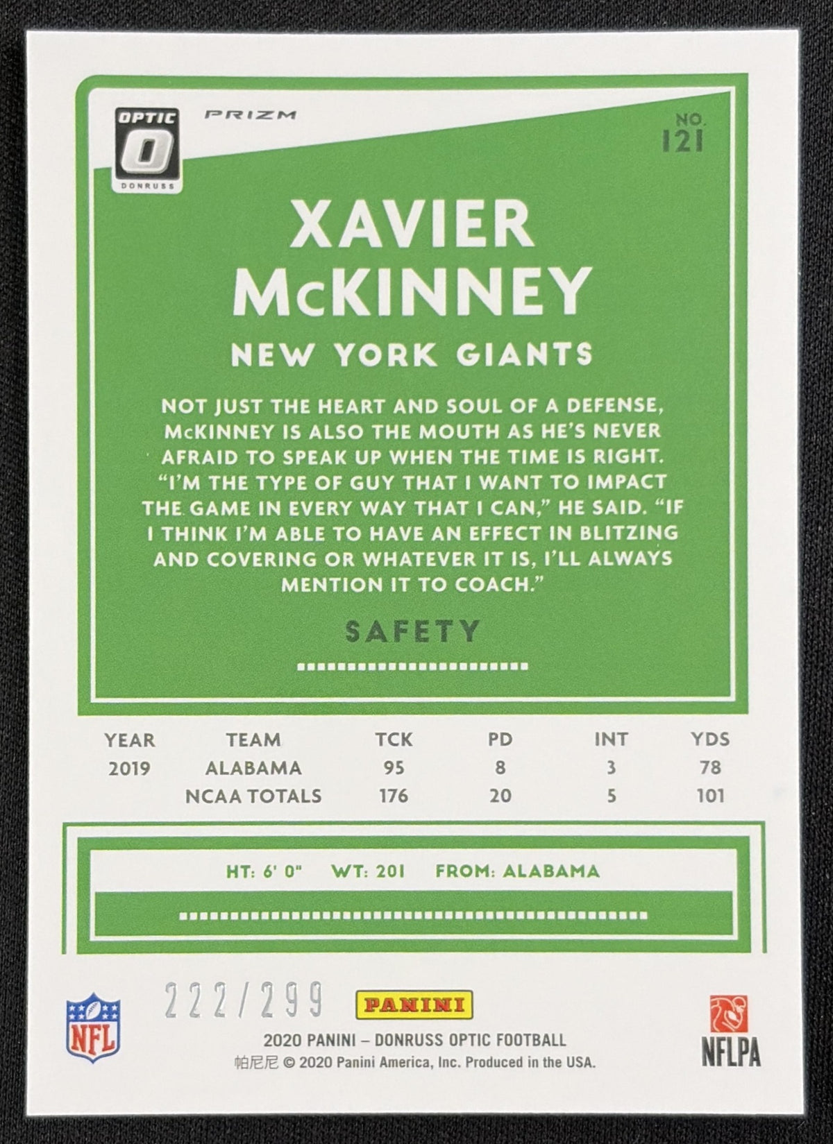 Xavier McKinney 2020 Panini Donruss Optic Aqua Prizm /299 Giants
