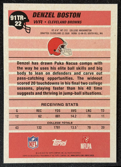 Denzel Boston 2026 Topps 1991 Rookie Browns back