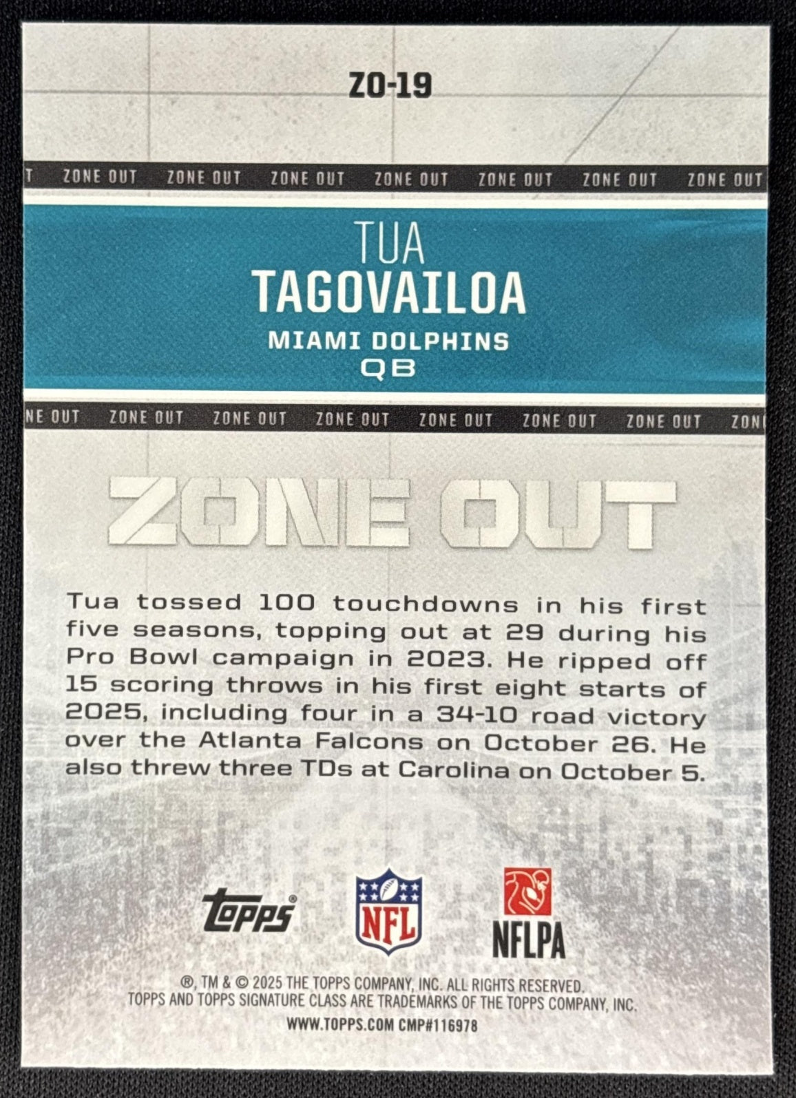 Tua Tagovailoa 2025 Topps Signature Class Zone Out Dolphins back